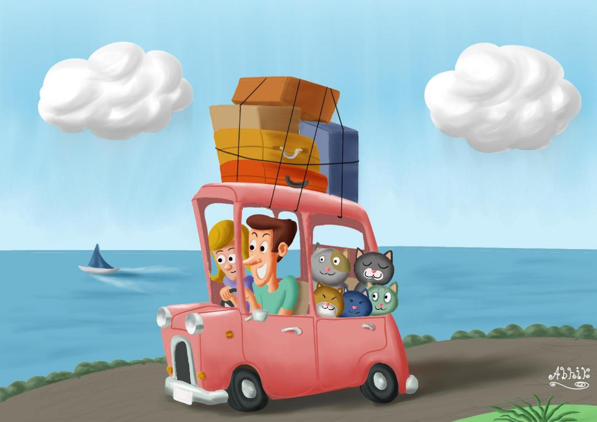 cartoon of cat family going on vacation