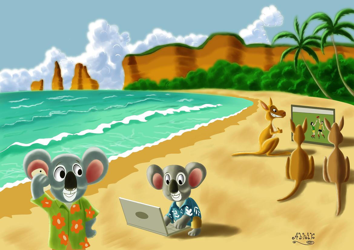 cartoon of koala and kangaroo on beach
