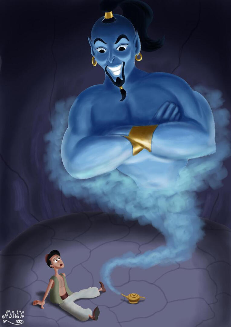 cartoon of Aladin meets the genie in a cave