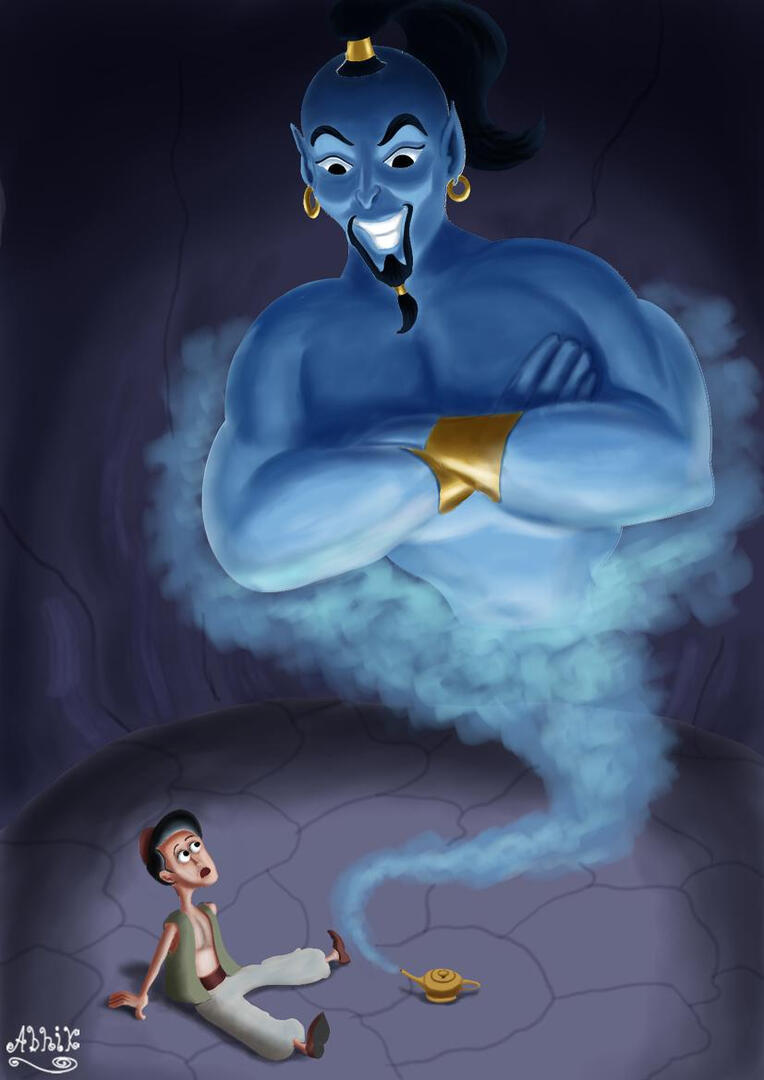 cartoon of Aladin meets the genie in a cave