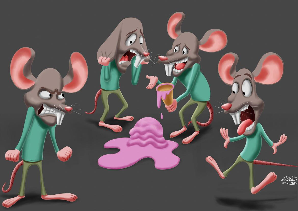 funny expressions of cartoon mice with ice cream