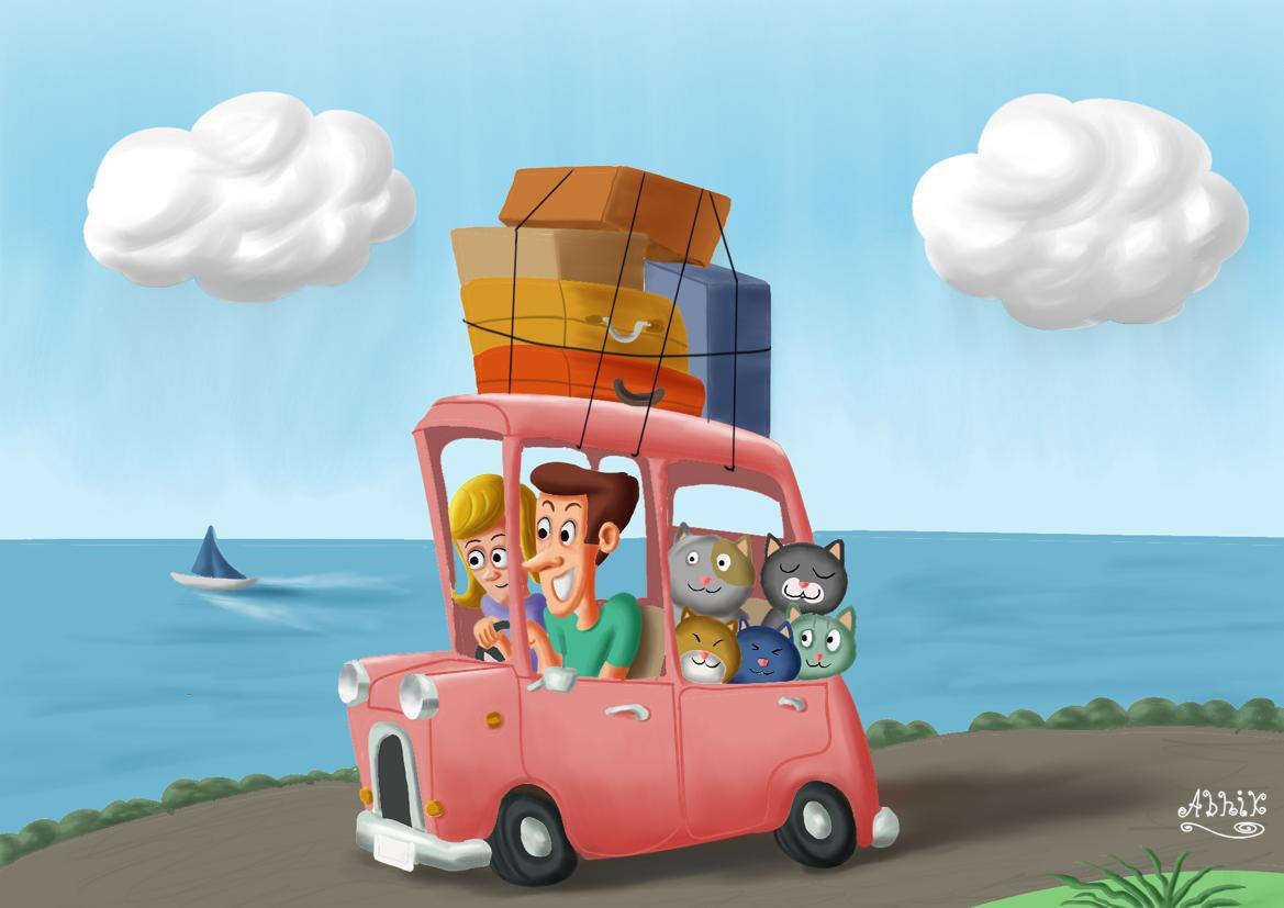 cartoon of cat family going on vacation