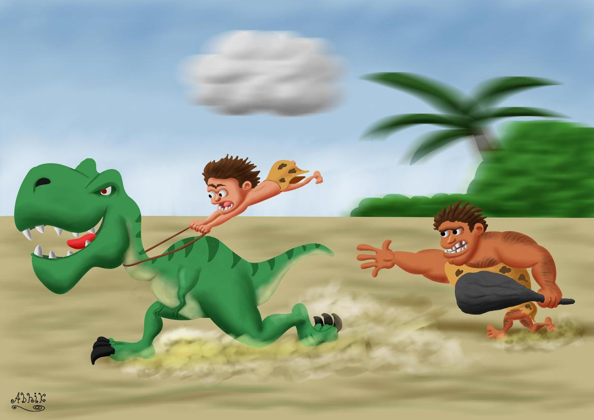 funny cartoon of dianosaur running along with cave boy