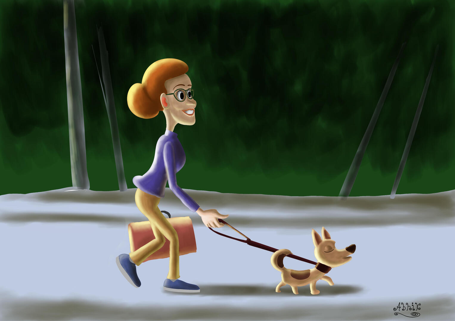 cartoon of a lady with her dog