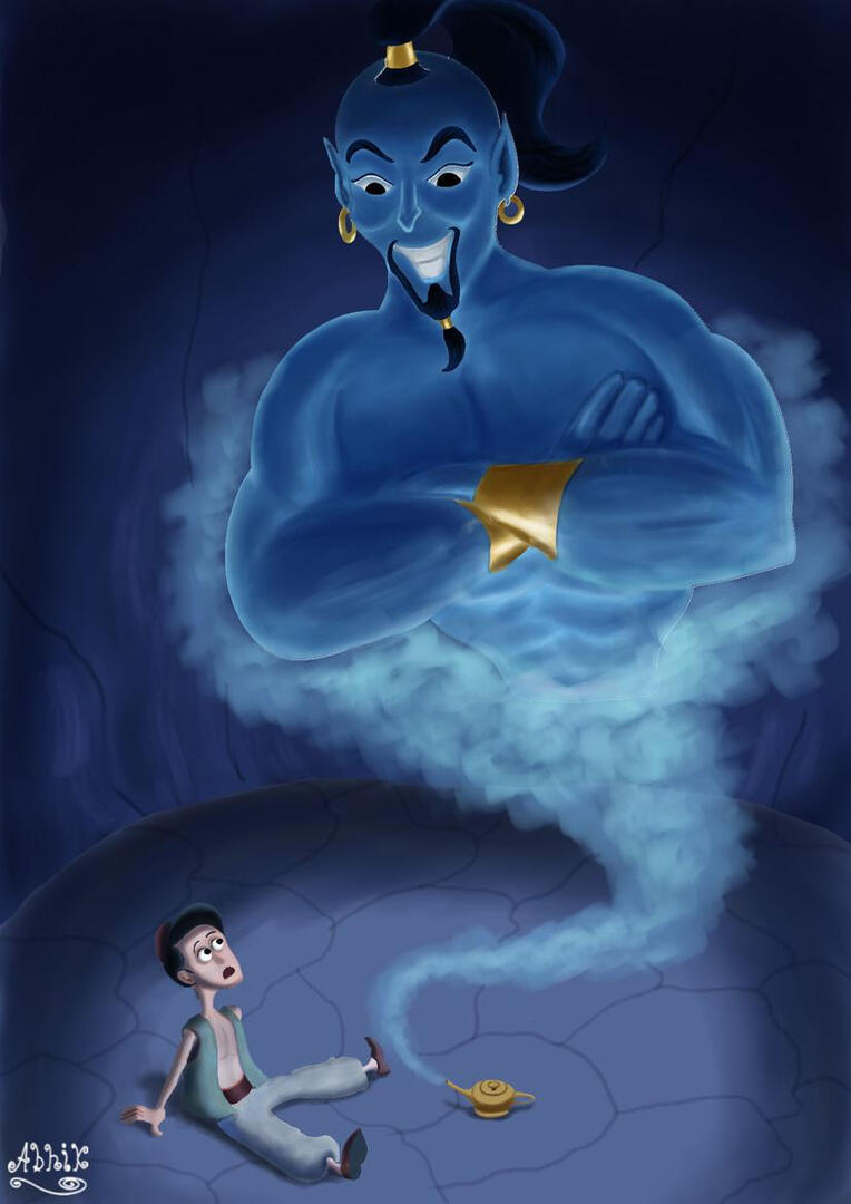 cartoon of Aladin meets the genie in a cave