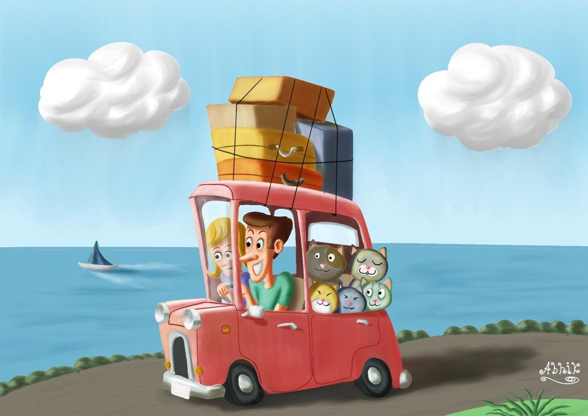 cartoon of cat family going on vacation