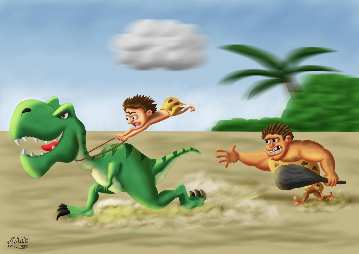 funny cartoon of dianosaur running along with cave boy